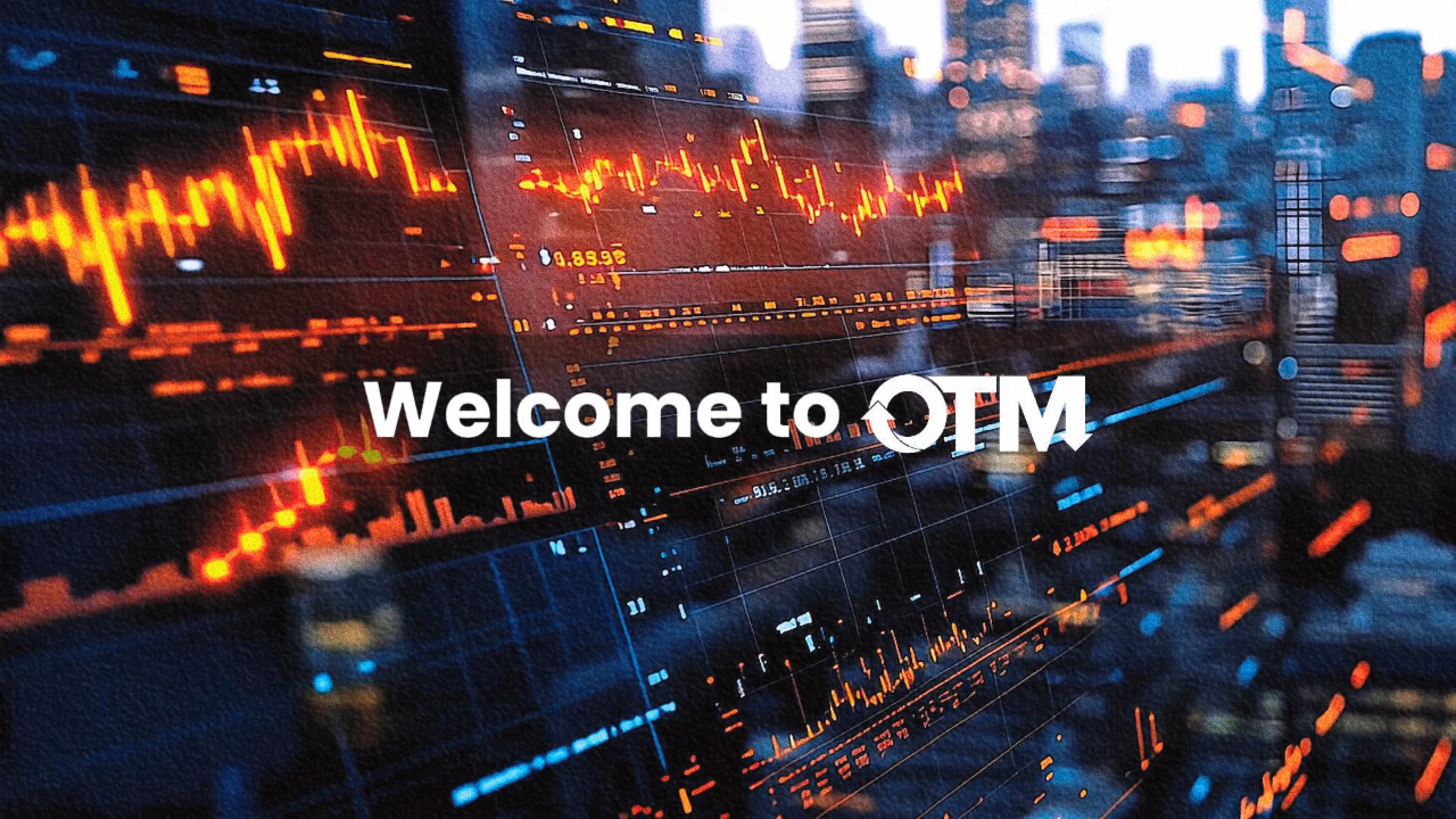 Welcome to OTM — a city skyline overlaid with a live trading chart.